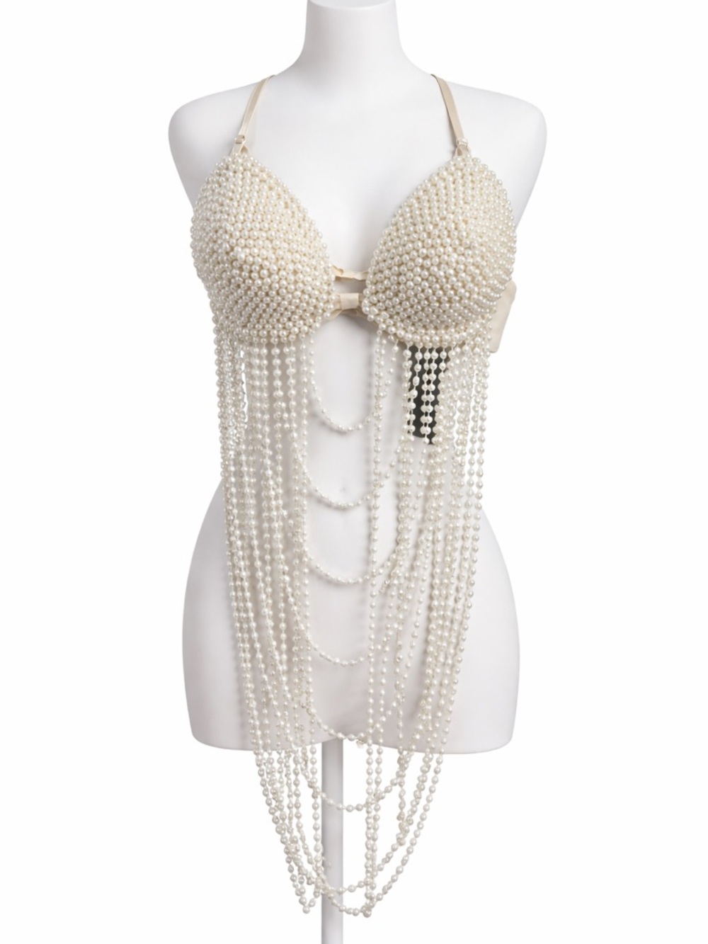 Fashion Nova Pearl Fringe Bra Top - Cream